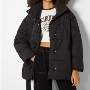Bershka Nylon Effect Quilted Coat With Belt-Black
